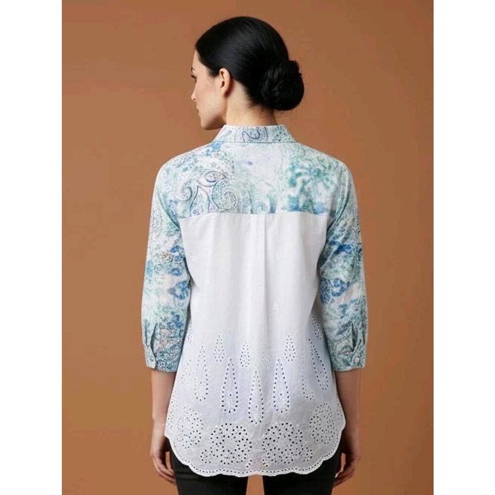 Chico's 3 (XL) Milada Paisley Button Down Shirt Full White Eyelet Lace Back Cute